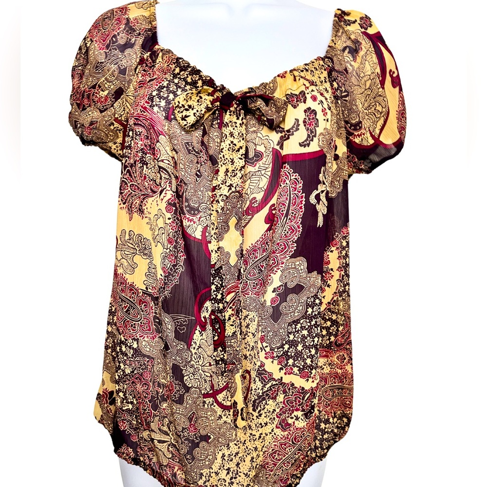 XHILARATION PEASANT BLOUSE Boho Brown & Burgundy Paisley Sheer Women's SZ Small